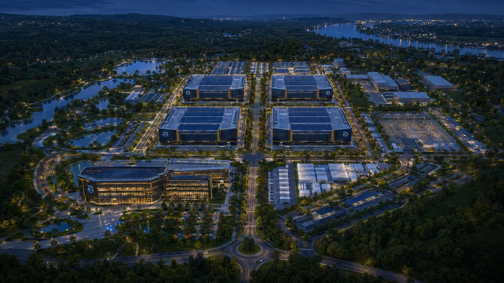 Illustrative aerial vision of the Blue Danube AI & Research Campus