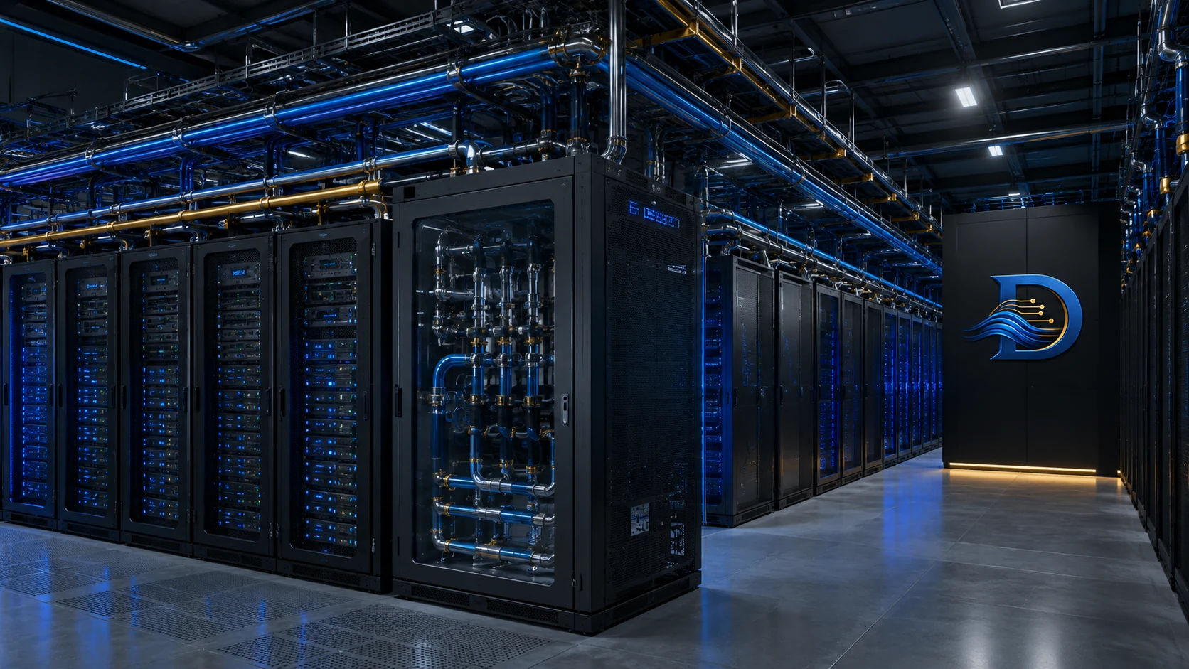 Illustrative AI data hall interior with direct-to-chip liquid-cooling infrastructure