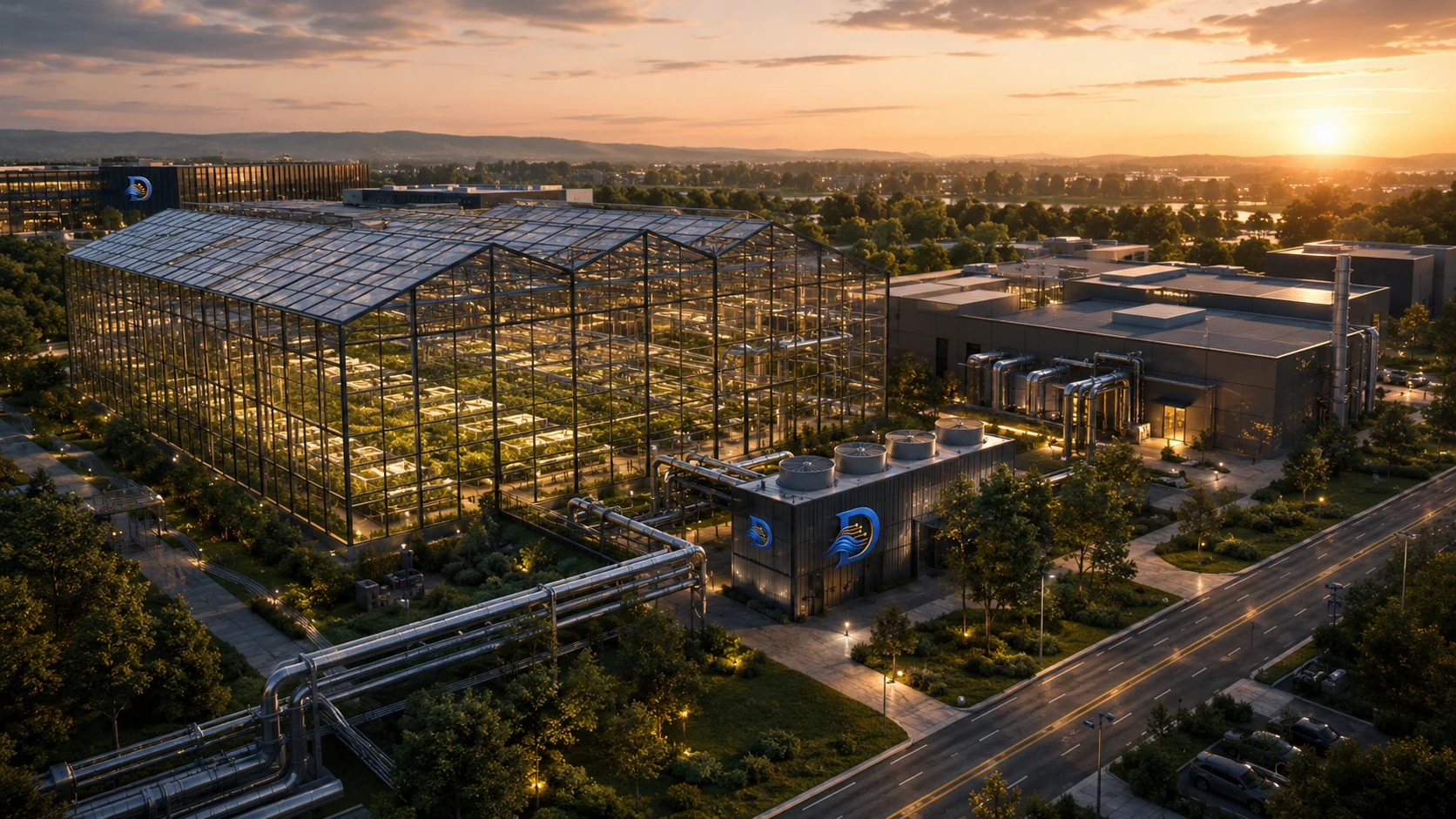 Illustrative heat-reuse and industrial symbiosis zone with greenhouse